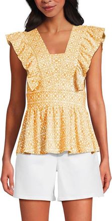 Lands End Lightweight Jersey Ruffle Peplum Top in Bright Lemon Mosaic at Nordstrom, Size X-Large P
