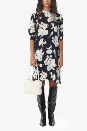 Ganni Black Printed Crepe Mini Dress - Size 32 LENZING ECOVERO