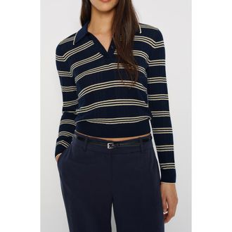 Reformation Hermia Stripe Merino Wool Polo Sweater in Parmesan Navy Stripe at Nordstrom, Size X-Small