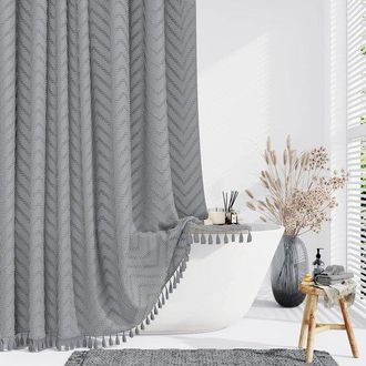 OEM Cortina De Ducha Con Tela A Rayas Y Borlas - Cortina De Ducha Minimalista De Tela Repelente Al Agua Con Ganchos - Gris - 183x198 Cm