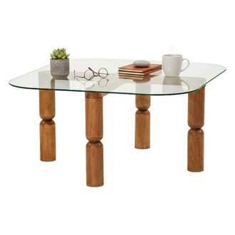 Dmora Mesa De Caf&eacute; Psamathe, Mesa De Centro Baja, Revistero Para Sof&aacute;, Estante De La Sala De Estar, 80x80h40 Cm, Nogal Y Transparente, Con Embalaje Reforzad