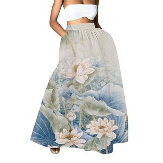 Generic Women Floral Print Skirt High Waist Beach Pocket Long Maxi Skirt Plus Size Skirts for Women 3X (Light Blue, S)