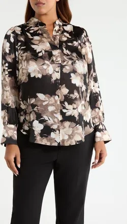 Anne Klein Pleat Front Floral Top in Anne Black/latte at Nordstrom, Size 3X