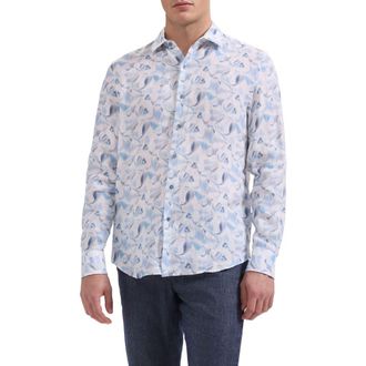 Bugatchi Julian Shaped Fit Abstract Print Linen Button-Up Shirt in Air Blue at Nordstrom, Size Xxx-Large