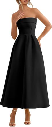PrettyGarden Cocktail Dresses for Women 2026 Summer Formal Elegant Tube Top Strapless Spring Wedding Guest Party Midi Dress, Black, S