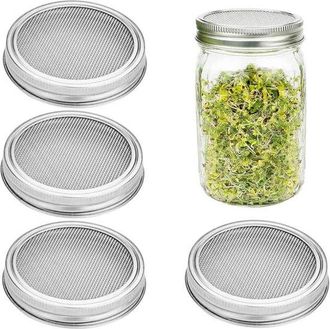 OEM Juego De Tapas De Vidrio Para Germinar Semillas - Tapa Con Colador Para Cultivar Brotes Frescos - Acero Inoxidable - 86 Mm - Plateado