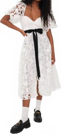 For Love & Lemons Marlene Heart Embroidery Puff Sleeve Midi Dress In White