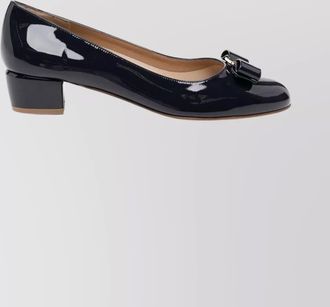 Ferragamo round toe low block heel patent pumps