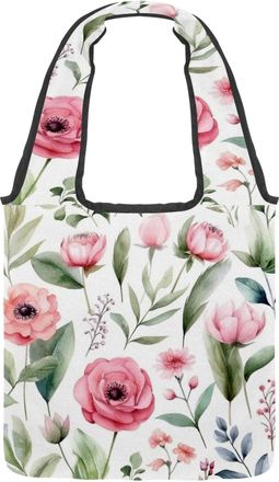 Generic Pink Flowers with Leaves Reversible Canvas Shoulder Tote - Double-Sided Print, 12oz Cotton, 27cm Drop, Fold-Flat Bag for Travel, Shopping, Street Outi
