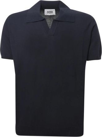 Alpha Studio Cotton Crepe V-Neck Polo Shirt - Heren - Polos - Blauw - M - Katoen - Tops