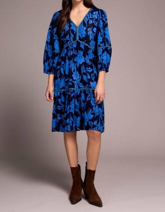 Tribal Printed Jacquard Embroidered V-Neck Midi Dress In Nightfall