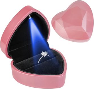 OEM Caja Para Anillos De Terciopelo Con Forma De Coraz&oacute;n Con Luz Led, Joyero Para Bodas, Compromisos, Pedidas De Mano, Cumplea&ntilde;os Y Aniversarios - Rosa
