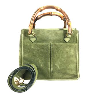 Gucci Bamboo Green Suede Shoulder Bag Tote Bag (Pre-Owned)