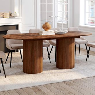 IDMarket Juliette Mesa De Comedor Extensible Ovalada 6-10 Personas Patas Cil&iacute;ndricas Listones De Madera Color Nogal 160-200 Cm