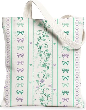 Generic Spring Floral Canvas Tote Bags, Stylish Bow Pattern Reusable Grocery Bags, Lightweight Washable Shoulder Strap Canvas for G, White, 13x15 Inch