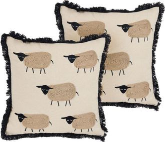 Beliani Beliani - Conjunto De 2 Cojines Almohada Beige Minimalista Motivo Oveja Flecos Borlas 45 X 45 Cm Bannu