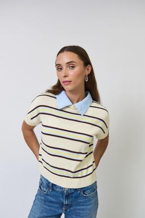 Central Park West Chloe Stripe Oxford Collar Tee in Blue Stripe at Nordstrom, Size X-Small