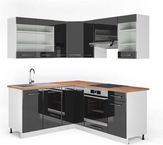 Vicco Cucina angolare completa Fame-Line, Antracite lucido/bianco, 160 x 190 cm, pl Rovere