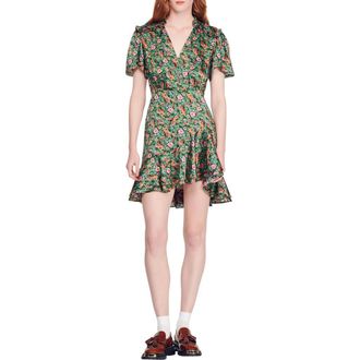 Sandro Marta Floral Print Ruffle Minidress in Green Orange at Nordstrom Rack, Size 8 Us / 40 Fr