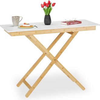 Relaxdays Relaxdays - Mesa Plegable Altura Ajustable, Bamb&uacute; Y Mdf, Mesita Auxiliar, Sal&oacute;n, Balc&oacute;n, 70 X 105 X 50 Cm, Natural/blanco