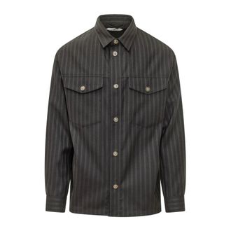 Versace Overhemden, Heren, Zwart, L, Wol, Logo Stripe Pocket Shirt