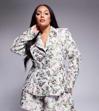 Asos Curve - Blazer in jacquard a fiori vintage con laccetti in coordinato-Multicolore