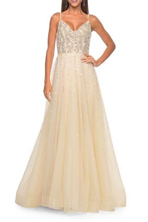 La Femme A-Line Tulle Gown with Unique Floral and Rhinestone Details in Pale Yellow at Nordstrom, Size 12