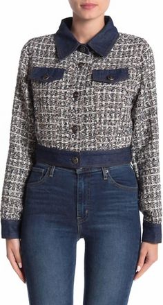 Gracia Tweed Glitter Contrast Denim Crop Jacket In Blue