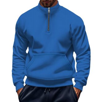 Generic Mens 1/4 Zip Pullover, Waffle Plaid T-Shirts Sportswear Solid Color Sweatshirts Without Hood Loose Fit Long Sleeve Jumpers Stretchy Comfort Loungewear