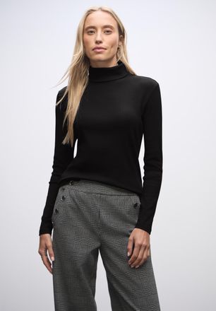 Street One Langarmshirt STREET ONE, Damen, Gr. 36, schwarz, Rippware, Obermaterial: 95% Baumwolle, 5% Elasthan, unifarben, regular fit normal, ohne Ausschnitt, g