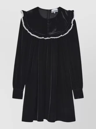 Ganni velvet mini dress long sleeves lace trim