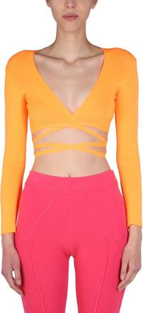 Msgm Orange Solid V Neck Top