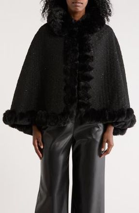 Vince Camuto Sequin Tweed Cape with Faux Fur Trim in Black at Nordstrom Rack