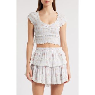 LoveShackFancy Cambron Lace Smocked Crop Top in Skylight Blue at Nordstrom, Size X-Small