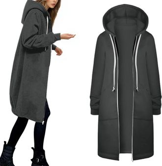Generic Longline Hoodies For Women Uk Full Zip Up Thin Fleece Hoody Jackets With Pockets Plus Size Mid-length Hooded Sweahirts With Drawstring Hood Solid Warm
