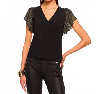 Ramy Brook Lysette V- Neck Flutter Sleeve Top In Olive Foliage