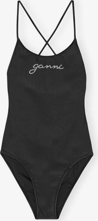 Ganni Black Recycled Tie String Swimsuit - Size 18