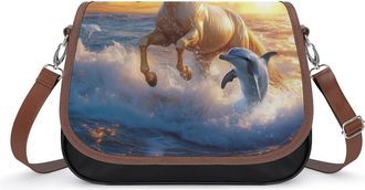 Generic Horse Dolphin Seagulls Crossbody Bags for Women Fashion Leather Shoulder Handbags With Adjustable Strap