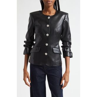 Cinq &agrave; Sept Crystal Button Scrunched Sleeve Faux Leather Jacket in Black at Nordstrom Rack, Size 0