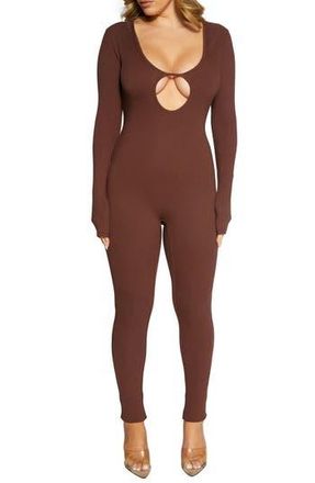 Naked Wardrobe Binding Deep Keyhole Long Sleeve Jumpsuit in Chocolate at Nordstrom Rack, Size X-Small