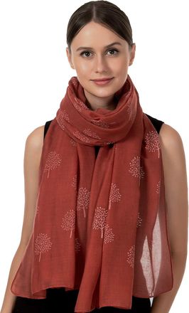World of Shawls Mulberry Tree Scarf Shawl Wrap Soft Warm (Dark Rust With White Tree)