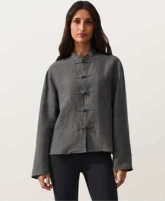 Oysho giacca in lino 100% con colletto alla coreana e bottoni in antracite scuro-Nero