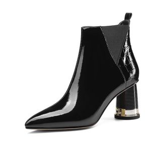 TinaCus Womens Glossy Patent Leather Handmade Mid Chunky Heel Side Zip Up Pointed Toe Stylish Ankle Boots