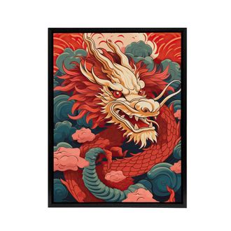 Artery8 Chinese Dragon & Sunset Clouds Framed Canvas Wall Art Print in Red | Size: W24 x H32