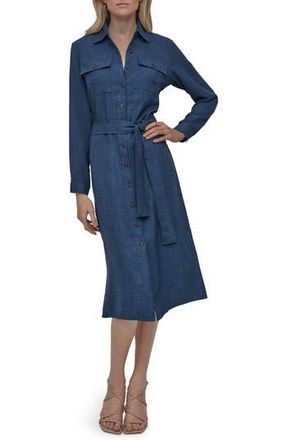 DKNY Long Sleeve Belted Midi Shirtdress in Denim at Nordstrom Rack, Size 12