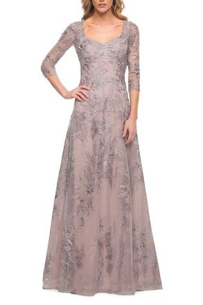 La Femme Lace Mother of the Bride Dress with Full Skirt in Silver/pink at Nordstrom, Size 14
