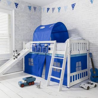 N&ouml;a & Nani Tuva Cabin Bed Low with Bunk Underbed, Slide & Blue Package in White | Size: Single