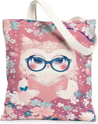Generic Floral Owl Canvas Tote Bags, Cute Animal Design Reusable Grocery Bags, Spring Vintage Lightweight Washable Shoulder Strap C, Peach, 13x15 Inch