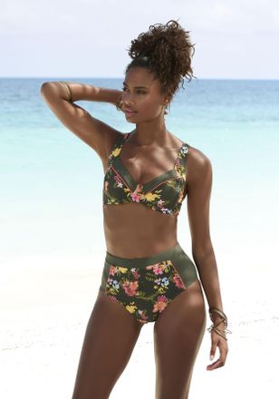 Lascana Highwaist-Bikini-Hose LASCANA Tahiti, Damen, Gr. 36, N-Gr, blau (oliv bedruckt), Recycling-Polyamid, floral, kontrastfarbene Details, Badehosen Highwa