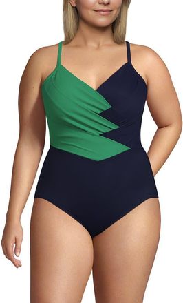 Lands End Plus Size Slender Suit Pleated Low Leg One Piece Swimsuit in Green/navy at Nordstrom, Size 20W